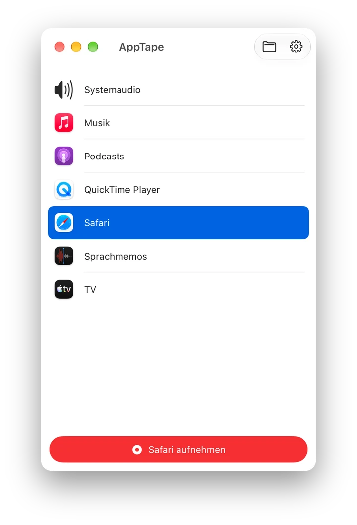 Das AppTape-Fenster: eine Liste laufender Apps und Systemaudio, bereit zur Aufnahme.