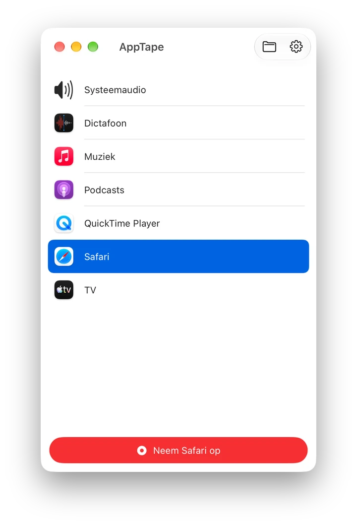 Het AppTape-venster: een lijst met actieve apps en Systeemaudio, klaar om op te nemen.