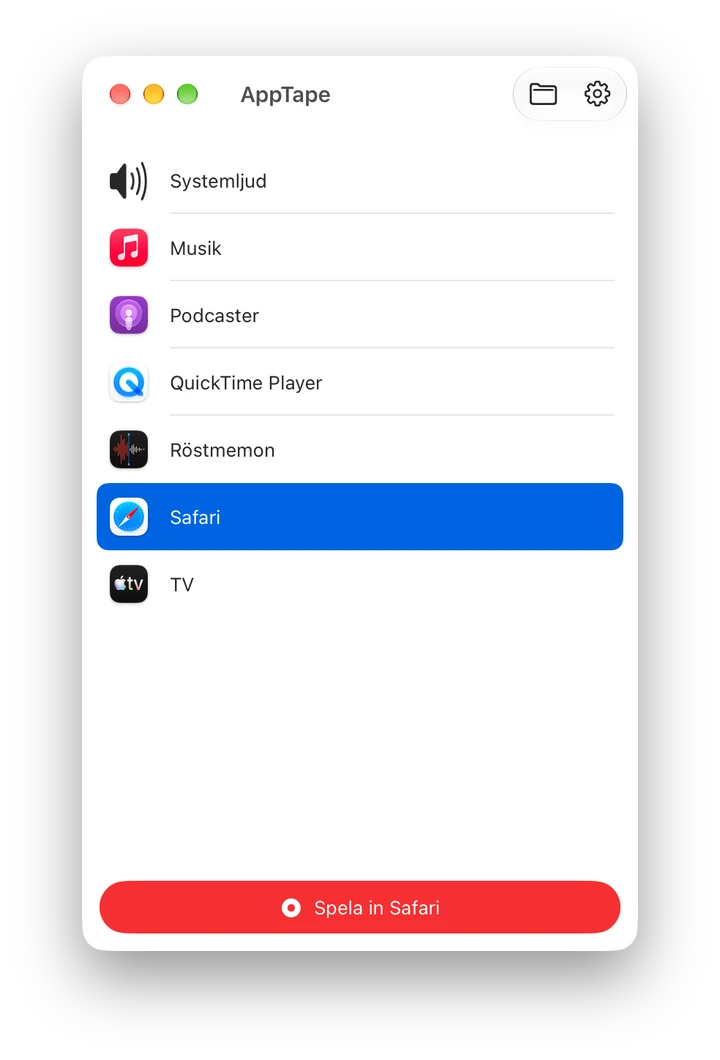 AppTape-fönstret: en lista med öppna appar och Systemljud, redo att spela in.