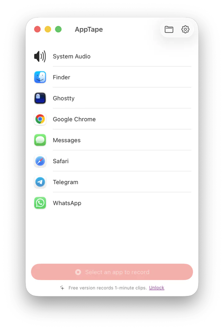 The AppTape window: a list of running apps and System Audio, ready to record.